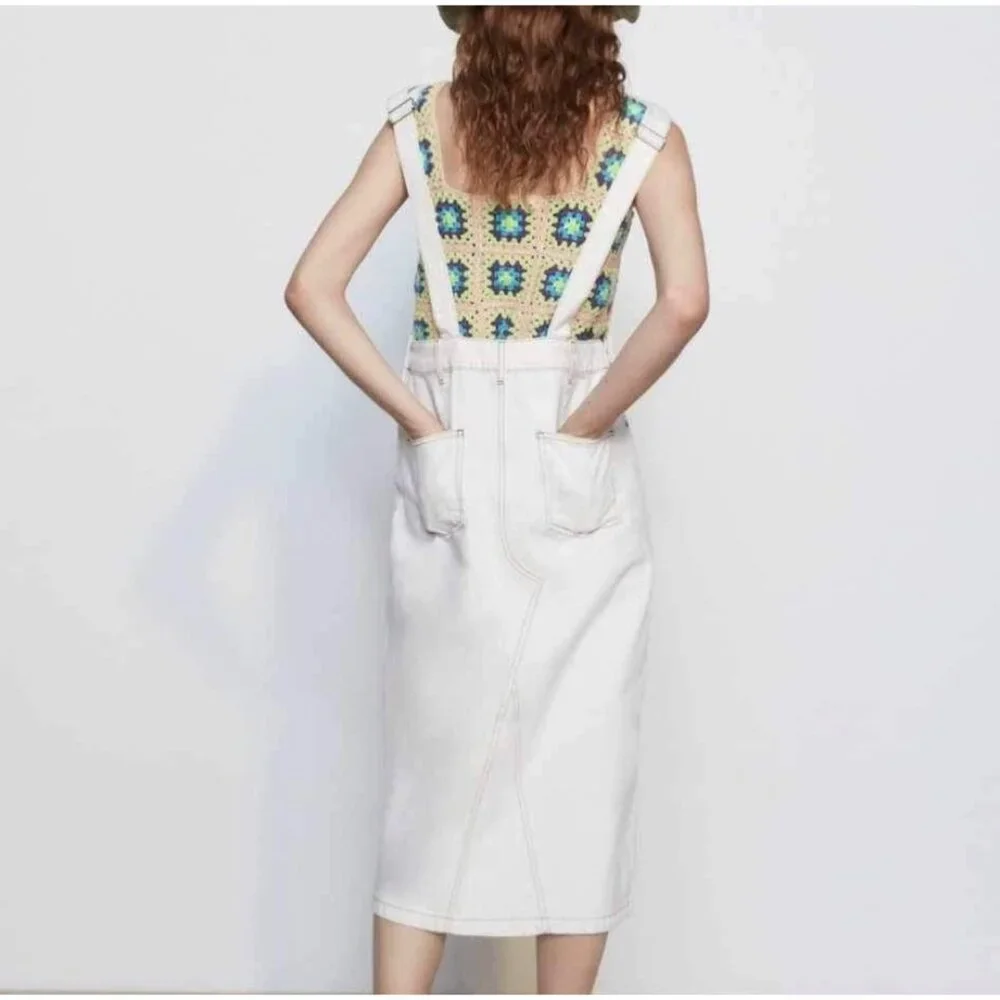 Zara Off White Brown Stitches Denim Overall Dress Bib Skirt Size Medium - Picture 13 of 14